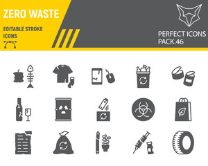 Zero waste glyph icon set, recycle collection, vector graphics, logo illustrations, zero waste vector icons, environment signs, solid pictograms, editable stroke