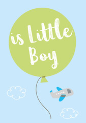 is a little boy new born baby annoucement card with balloon and airplane cartoon vector