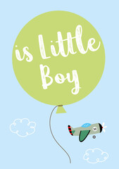 is a little boy new born baby annoucement card with balloon and airplane cartoon vector