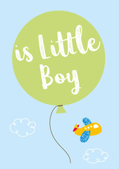 is a little boy new born baby annoucement card with balloon and airplane cartoon vector