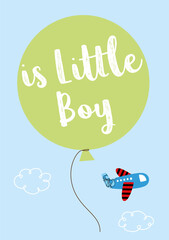 is a little boy new born baby annoucement card with balloon and airplane cartoon vector