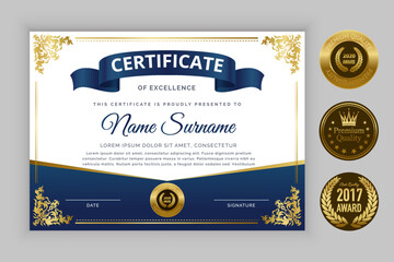Abstract gradient floral decorative certificate of achievement design with three badge