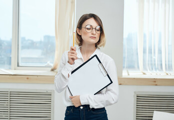 cheerful business woman office documents professional work