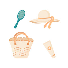 Beach Bag, Sun Cream, Comb, Summer Hat. Summer items  clip art set. Trendy vector flat icons, isolated on white. Design for web and print