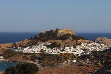 Fototapeta na wymiar view of Lindos in Rhodes island from the top of the hill.