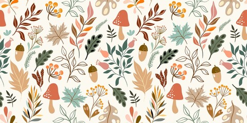 Autumn decorative seamless pattern with seasonal elements, acorns, plants, leaves, mushrooms
