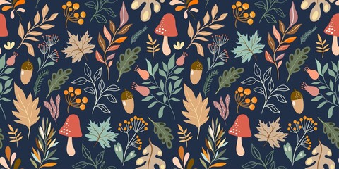 Naklejka na ściany i meble Autumn decorative seamless pattern with seasonal elements, acorns, plants, leaves, mushrooms