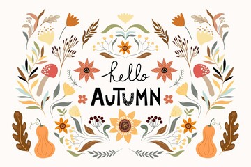 Autumn floral composition, poster, banner with seasonal elements, sunflower, mushroom, pumpkin, plants and leaves
