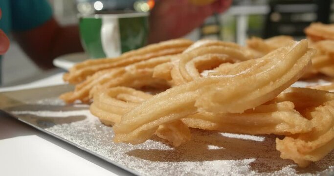Traditional Spanish Sweet Pastry Churros Served On A Sunny Morning Breakfast. - Closeup