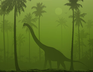 vector background with dinosaur walking among palm trees 