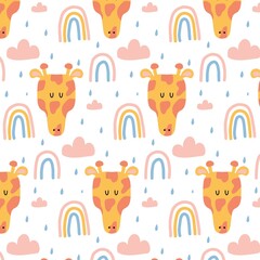 Childish hand-drawn seamless pattern with giraffe and rainbow. Cute giraffe head with clouds and rainbows. The pattern is suitable for fabrics, prints, cards, wrapping paper.