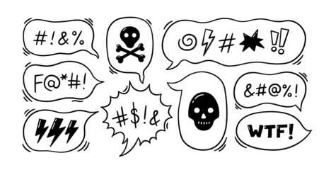 Comic speech bubble with swear words symbols. Hand drawn speech bubble with curses, lightning, skull, bomb and bones. Vector illustration isolated in doodle style on white background. - obrazy, fototapety, plakaty