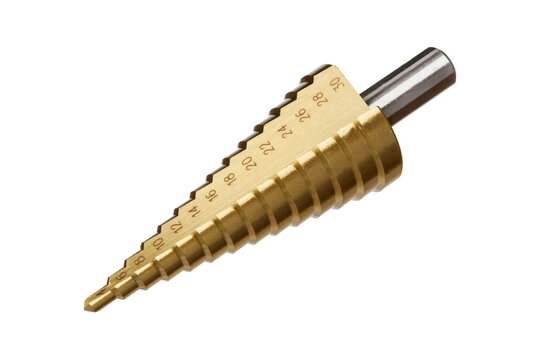 Step drill bit isolated on white background. Step drill bit for drilling holes in metal.
