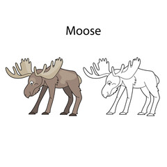 Funny cute animal moose isolated on white background. Linear, contour, black and white and colored version. Illustration can be used for coloring book, design template and pictures for children