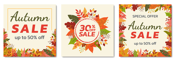 Autumn sale banner set with fall leaves. Square floral backgrounds with foliage frame. Promotion poster, social media post, discount card or flyer design template. Vector illustration.  - obrazy, fototapety, plakaty