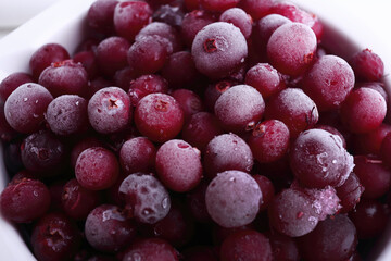 Delicious frozen cranberries in a bowl close up. Closeup of frozen cranberries covered by frost, top view. Healthy breakfast.