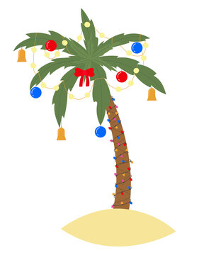 Palm tree with lighting garland, balls and bells. Tropical christmas holiday celebration. Hand drawn vector illustration