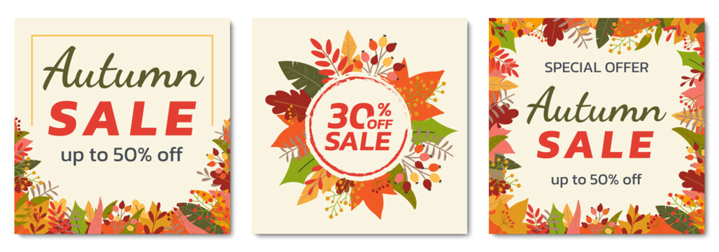 Autumn Sale Banner Set With Fall Leaves. Square Floral Backgrounds With Foliage Frame. Promotion Poster, Social Media Post, Discount Card Or Flyer Design Template. Vector Illustration. 