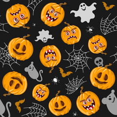 Seamless vector pattern for Halloween design. Halloween symbols: pumpkin, spider, ghost, bat in cartoon style. Vector Illustration.