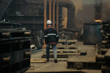 Worker in metallurgical plant foundry. Heavy industry.