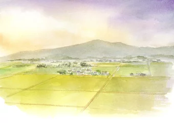 Fotobehang 秋の田園風景　俯瞰　水彩画 © miko