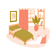 Vector flat illustration with furniture on white background. Modern interior items for a bedroom: bed; window; picture; houseplant; basket; shelves