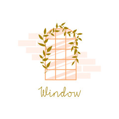Arched window with a climbing plant on brick background. A vine growing around the window. Vector flat illustration