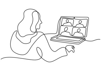 One continuous line drawing of teen girl school student wear headphone and watch video online webinar learn on laptop. Distance E-learning course video conference pc call in bedroom at home.