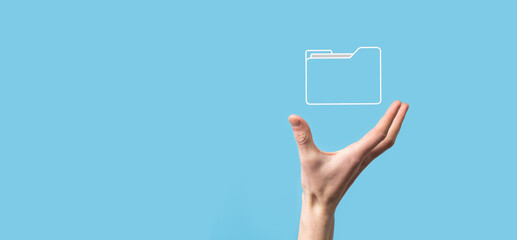 Hand hold folder icon.Document Management System or DMS setup by IT consultant with modern computer are searching managing information and corporate files.Business processing