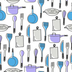 Kitchen utensil and appliance cartoon seamless pattern. Hand drawn kitchen equipments. Can be used for wallpaper, pattern fills, textile, web page background, fine texture for kitchen design