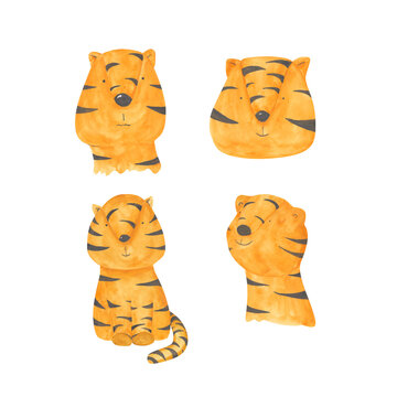 Set of 4 watercolor tigers isolated on a white background. Hand-drawn cubs of tigers. African animals clipart. Cute safari characters. Zoo illustration. Wildlife in a cartoon style.