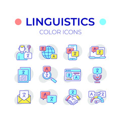 Translation RBG color icons set. Linguistics. Thin line vector illustration.