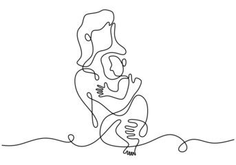 Continuous one line drawing of woman hold her baby. Happy young mom with her little child isolated on white background. Happy Woman's Day. Family parenthood concept. Vector illustration