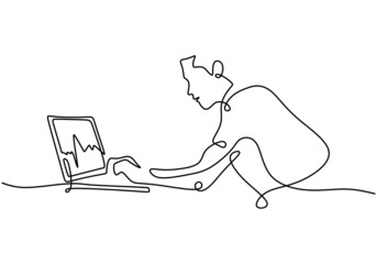 continuous line drawing of man sitting with laptop computer. Young adult man trading on line with laptop connected to stock market. Character male finance, investments. Vector illustration
