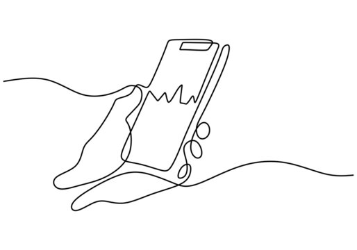 Continuous one line drawing of human hand holding a smartphone while touches the screen and checking the stock market isolated on white background. Investment and finance concept. Vector illustration