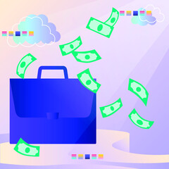 Fototapeta premium A briefcase from which USA dollars money pours money against the background of the beam and oblak. Success in business, trading and finance on the stock exchange. For the design of materials, infograp