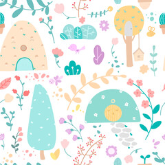 Cute plants flat color seamless pattern. Trees, bushes, branches and flowers on white background.