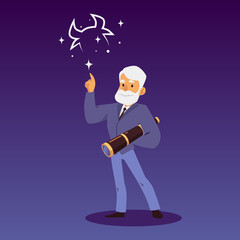 Astronomy scientist or astronomer pointing at stars, flat vector illustration.