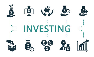 Fototapeta premium Investing icon set. Contains editable icons theme such as investor, investment choice, investment platform and more.