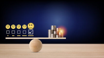 Excellent business five star rating experience with smiling face icon and money stacking coin on...