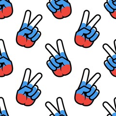 Fototapeta premium Russia flag in the form of a peace sign. Seamless background. Gesture V victory sign, patriotic sign, icon for apps, websites, T-shirts, souvenirs, etc., isolated on white background
