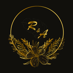 Beautiful floral line art with golden round frame