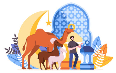 idul adha card with pattern the man with camel, donkey with mosque silhouette crescent moon, star