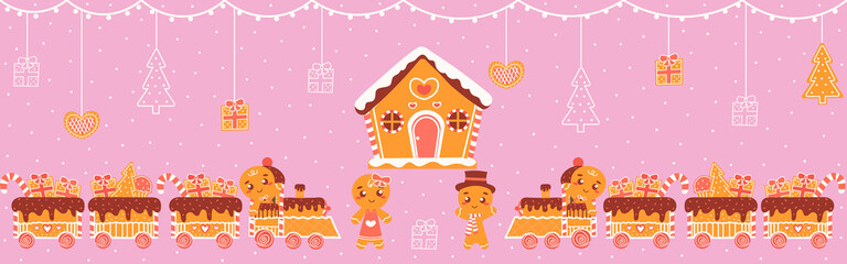 Gingerbread house and characters with cookie train for greeting card for christmas web banner in childish cartoon style