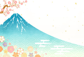 水彩の富士山と梅と和柄の2022年年賀状テンプレートのベクターイラスト(背景,風景,コピースペース)	