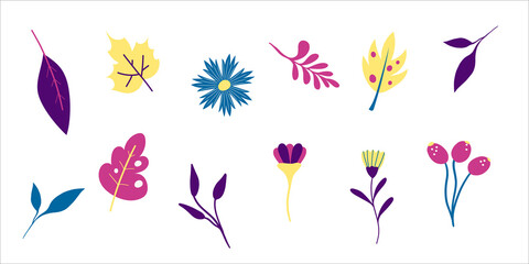 Set bundle of fantasy flowers and leaves in violet, blue, pink and yellow colors. Vector design. Cartoon style. Botanic decoration.