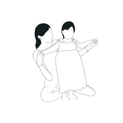 Mom with child. Woman holds baby in her arms. Happy parenting. Family portrait. Hand drawn graphic art. 
