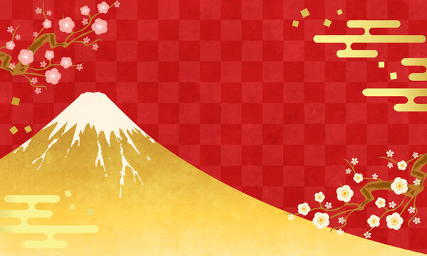 お正月の和風な富士山と赤い背景のベクターイラスト(和柄,日本,年末年始,コピースペース,正月)