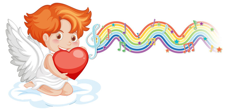 Cupid boy holding heart with melody symbols on rainbow wave