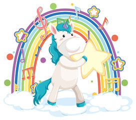 Unicorn standing on cloud with rainbow and melody symbol